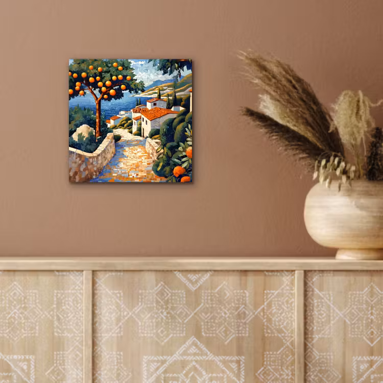 Aluminium schilderij - Huizen - Mozaïek - Sinaasappelbomen - Zee — 5