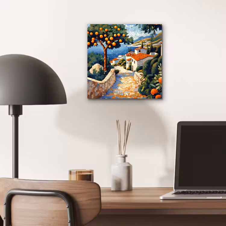 Aluminium schilderij - Huizen - Mozaïek - Sinaasappelbomen - Zee — 6