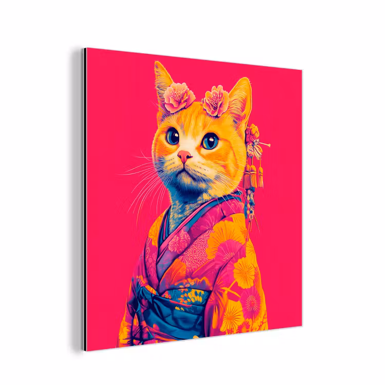 Aluminium schilderij - Kat - Kimono - Bloemen - Roze — 1
