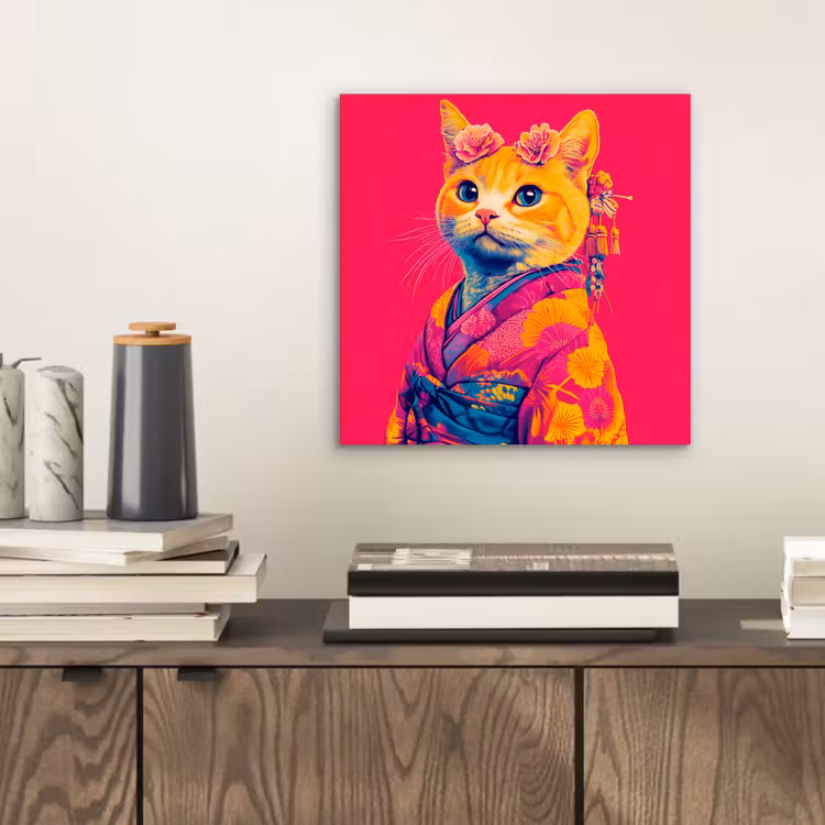 Aluminium schilderij - Kat - Kimono - Bloemen - Roze — 2