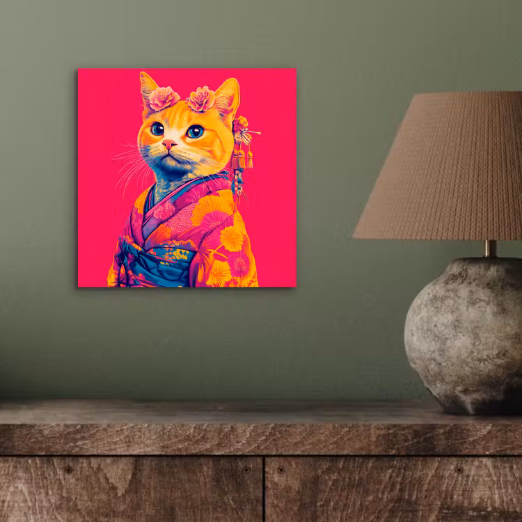 Aluminium schilderij - Kat - Kimono - Bloemen - Roze — 3