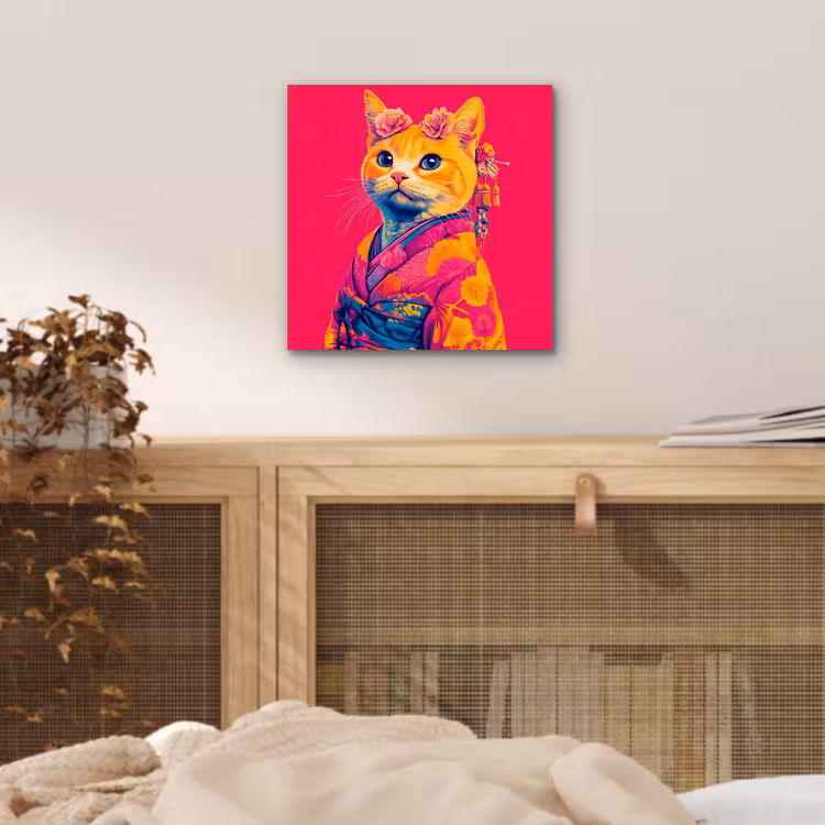 Aluminium schilderij - Kat - Kimono - Bloemen - Roze — 4