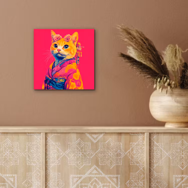Aluminium schilderij - Kat - Kimono - Bloemen - Roze — 5