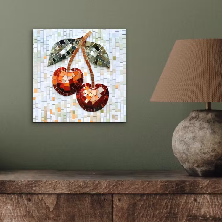 Aluminium schilderij - Kersen - Rood - Mozaïek - Blaadjes — 3