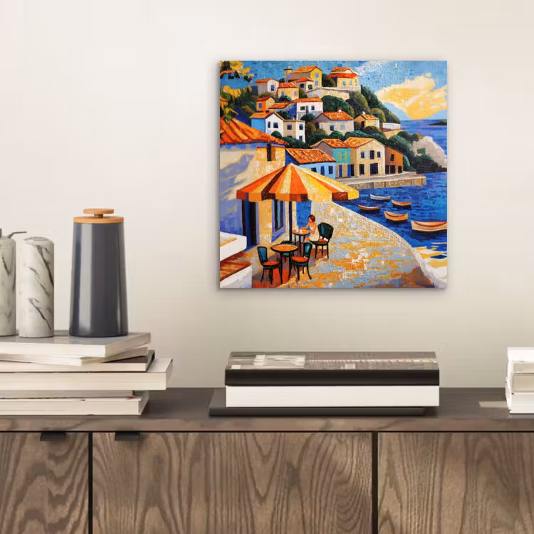 Aluminium schilderij - Kustdorp - Huisjes - Mozaïek - Zee — 2