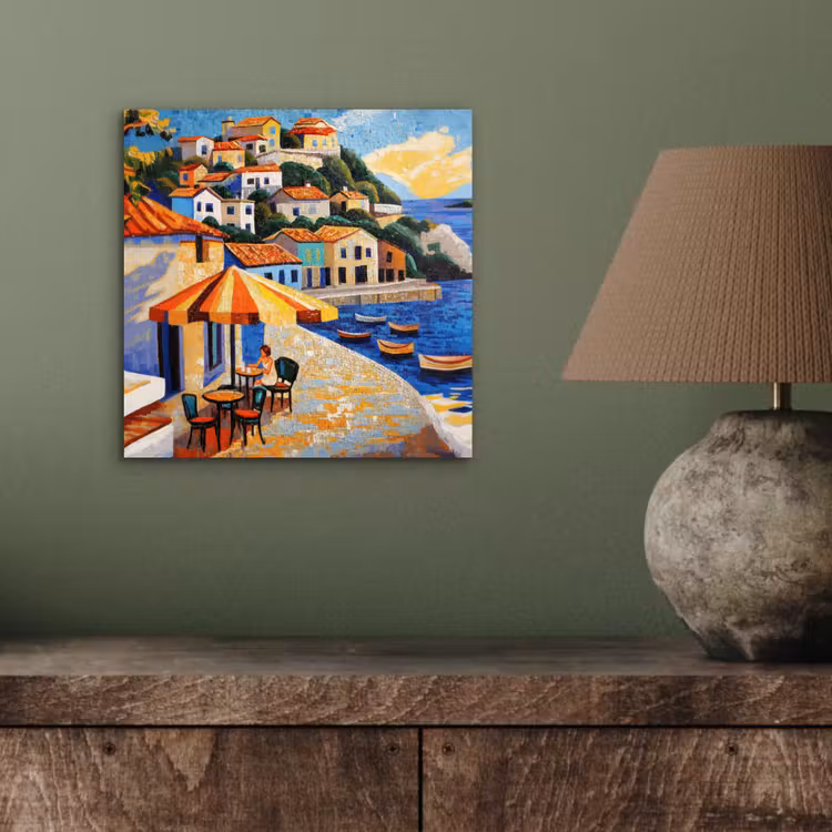 Aluminium schilderij - Kustdorp - Huisjes - Mozaïek - Zee — 3