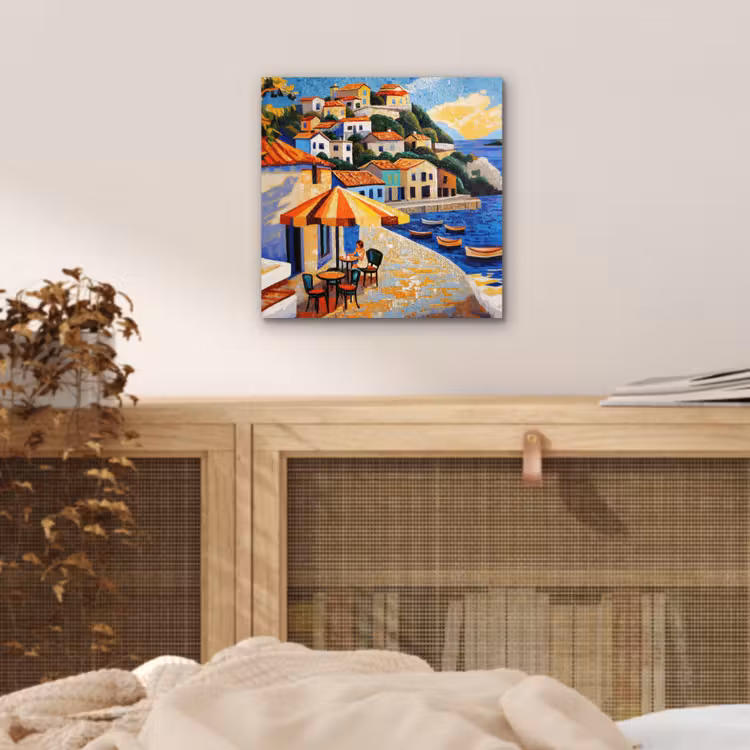 Aluminium schilderij - Kustdorp - Huisjes - Mozaïek - Zee — 4