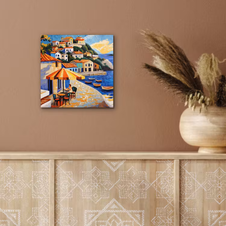 Aluminium schilderij - Kustdorp - Huisjes - Mozaïek - Zee — 5
