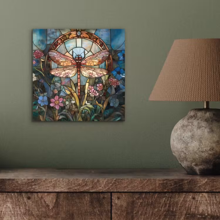 Aluminium schilderij - Libelle - Mozaïek - Bloemen - Kleurrijk — 3