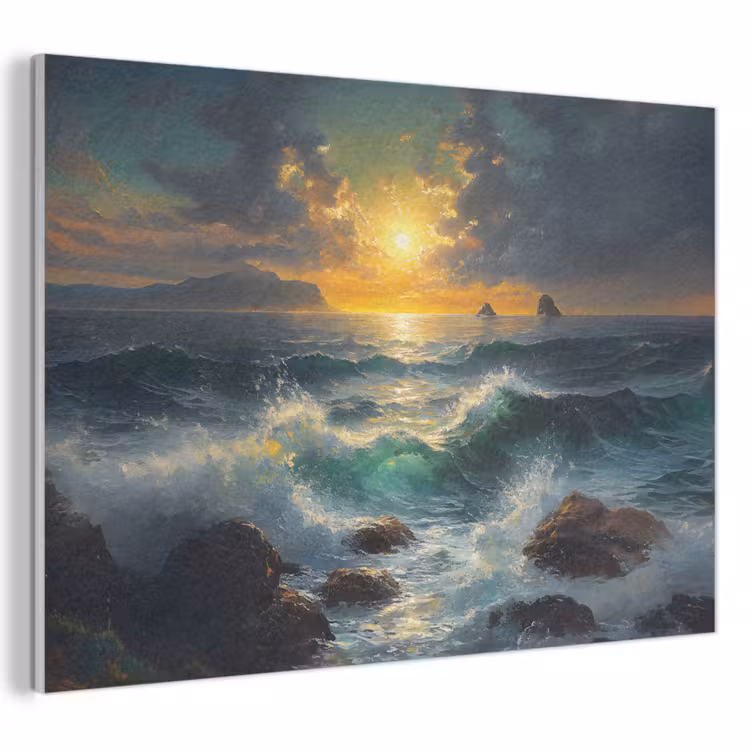 Akoestisch schilderij - Zee - Zon - Golven - Rotsen — 1