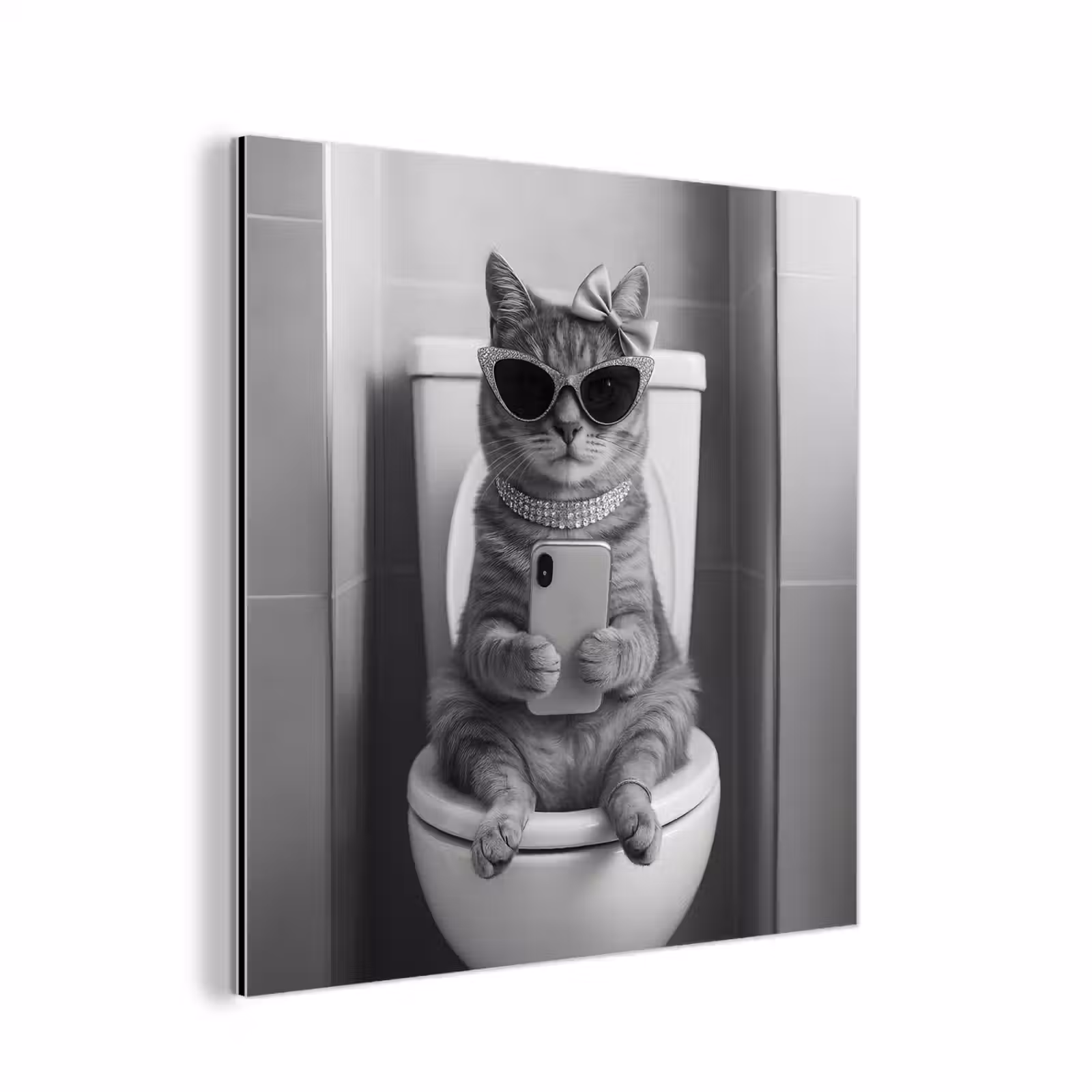Aluminium schilderij - Kat - Telefoon - Toilet - Zwart - Wit — 1