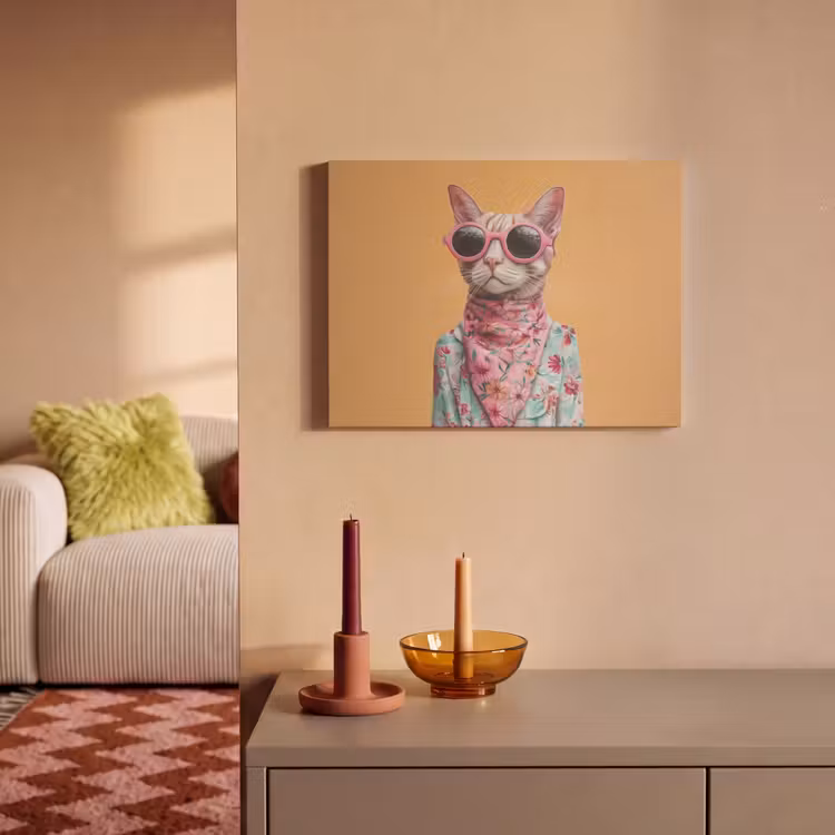 Akoestisch schilderij - Zonnebril - Kat - Sjaal - Bloemen — 2