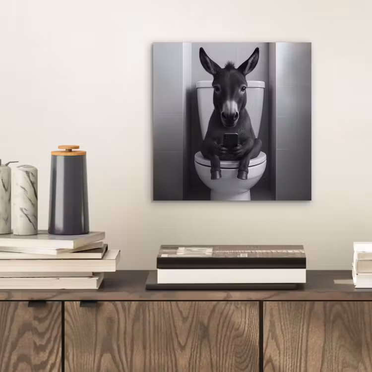Aluminium schilderij - Ezel - Telefoon - Toilet - Zwart - Wit — 2