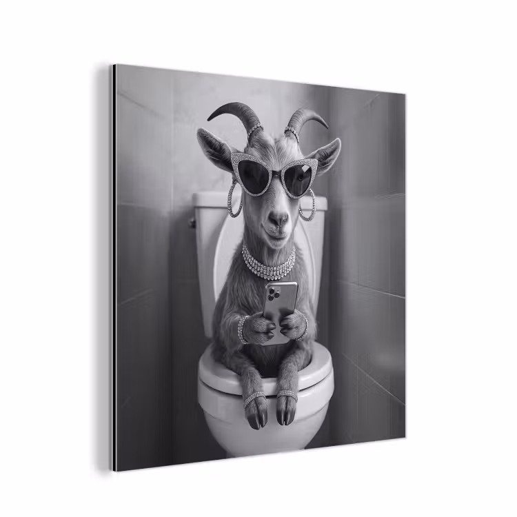 Aluminium schilderij - Geit - Telefoon - Toilet - Zwart - Wit — 1