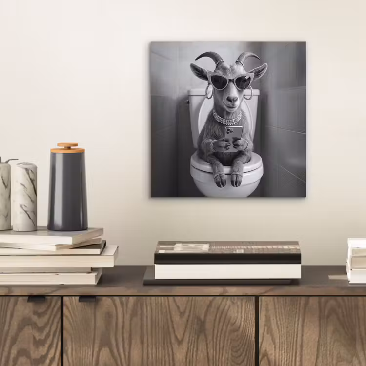 Aluminium schilderij - Geit - Telefoon - Toilet - Zwart - Wit — 2