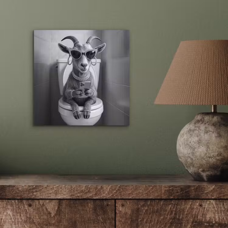 Aluminium schilderij - Geit - Telefoon - Toilet - Zwart - Wit — 3