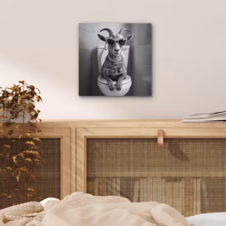 Aluminium schilderij - Geit - Telefoon - Toilet - Zwart - Wit — 4