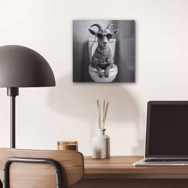 Aluminium schilderij - Geit - Telefoon - Toilet - Zwart - Wit — 6