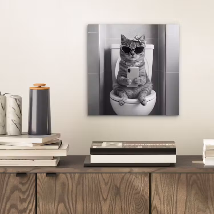 Aluminium schilderij - Kat - Telefoon - Toilet - Zwart - Wit — 2