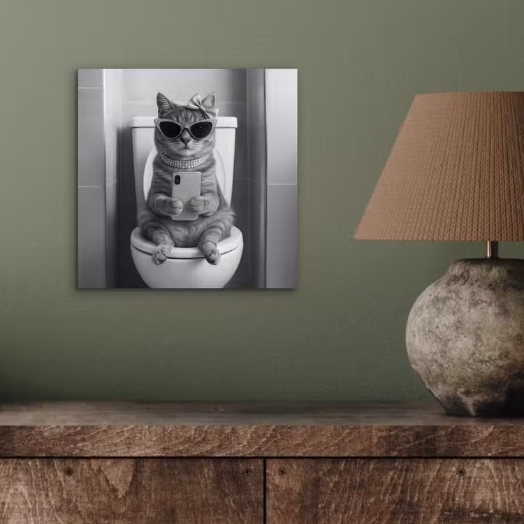 Aluminium schilderij - Kat - Telefoon - Toilet - Zwart - Wit — 3