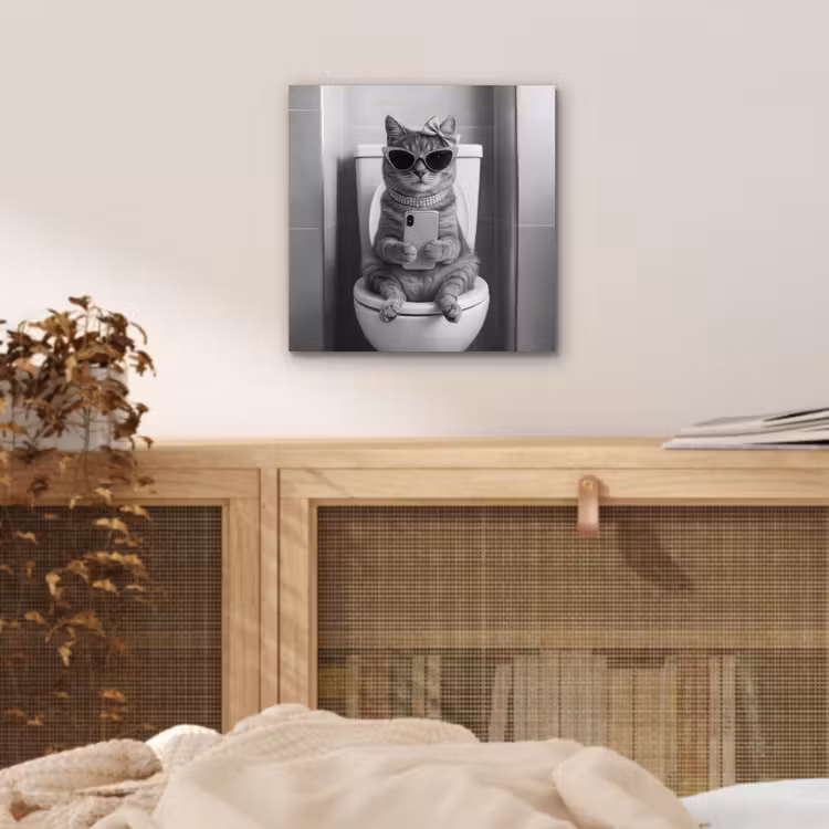 Aluminium schilderij - Kat - Telefoon - Toilet - Zwart - Wit — 4