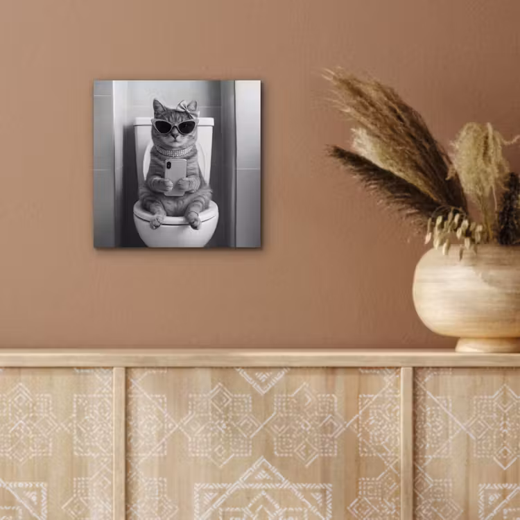 Aluminium schilderij - Kat - Telefoon - Toilet - Zwart - Wit — 5