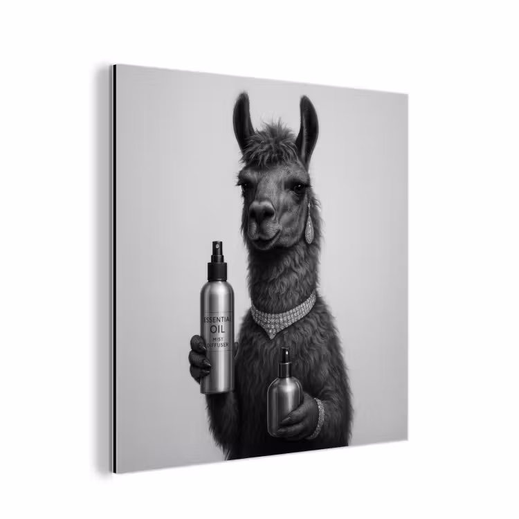 Aluminium schilderij - Lama - Flessen - Zwart - Wit — 1
