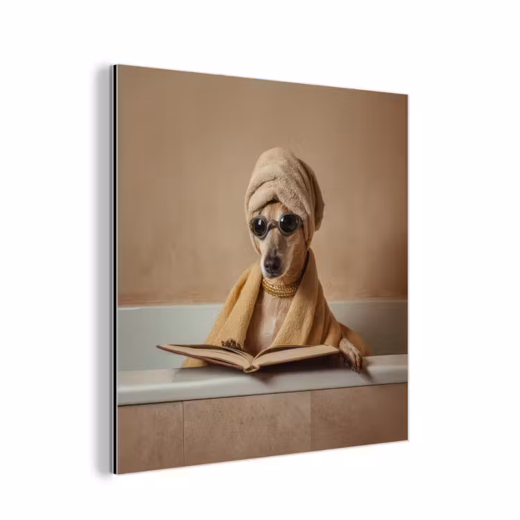 Aluminium schilderij - Bad - Hond - Boek - Zonnebril — 1