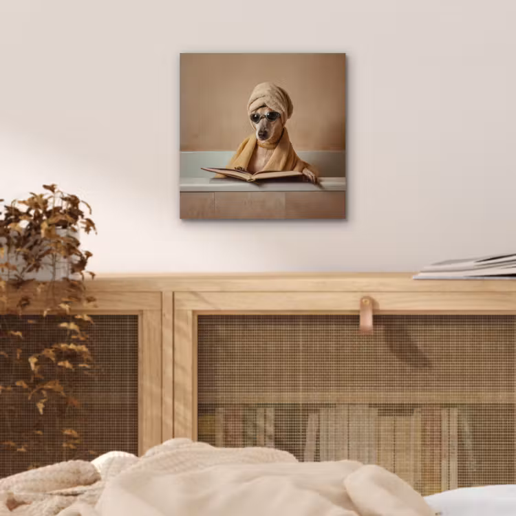 Aluminium schilderij - Bad - Hond - Boek - Zonnebril — 4