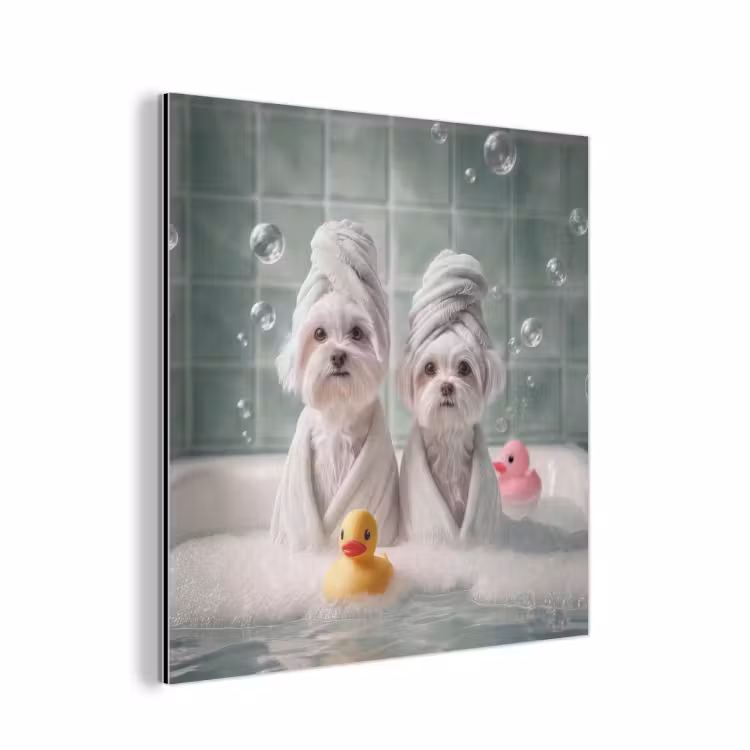 Aluminium schilderij - Hondjes - Badkuip - Badeendjes - Handdoeken — 1