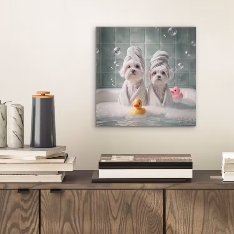 Aluminium schilderij - Hondjes - Badkuip - Badeendjes - Handdoeken — 2