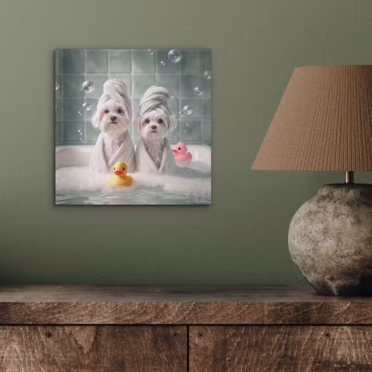 Aluminium schilderij - Hondjes - Badkuip - Badeendjes - Handdoeken — 3