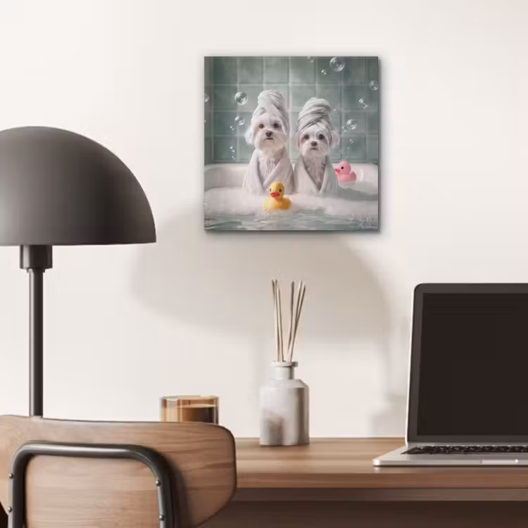 Aluminium schilderij - Hondjes - Badkuip - Badeendjes - Handdoeken — 6