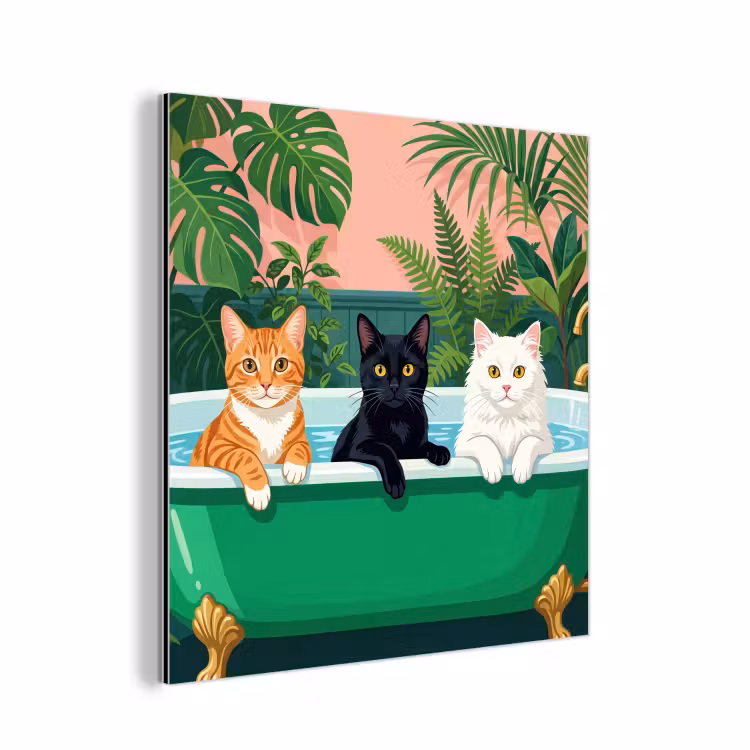 Aluminium schilderij - Badkamer - Kattenparade - Kleurrijk — 1