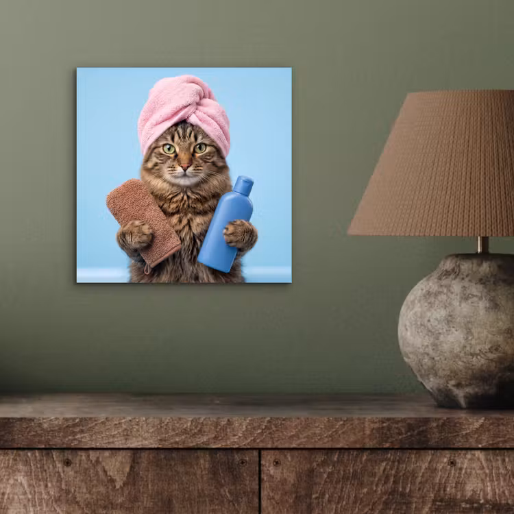 Aluminium schilderij - Kat - Handdoek - Washand - Zeep — 3