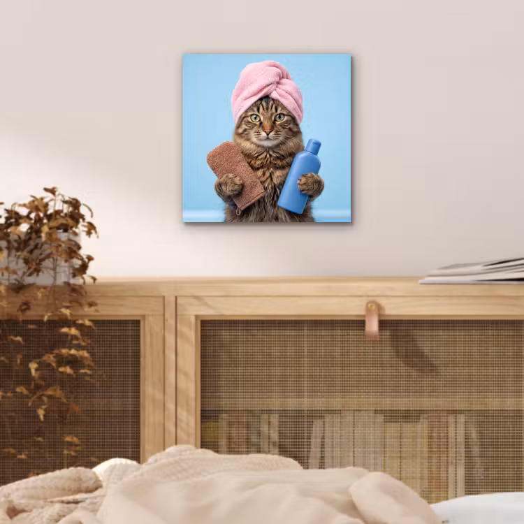 Aluminium schilderij - Kat - Handdoek - Washand - Zeep — 4