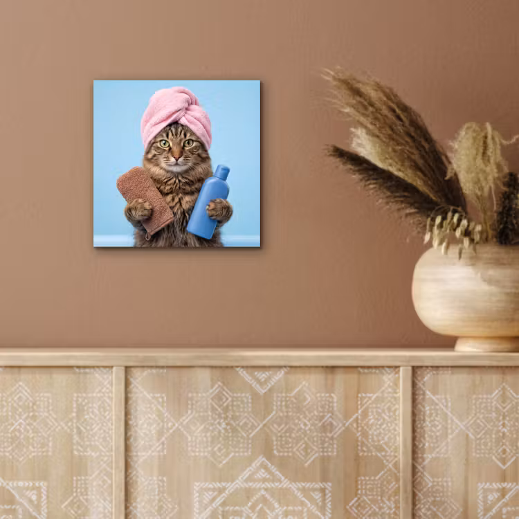 Aluminium schilderij - Kat - Handdoek - Washand - Zeep — 5