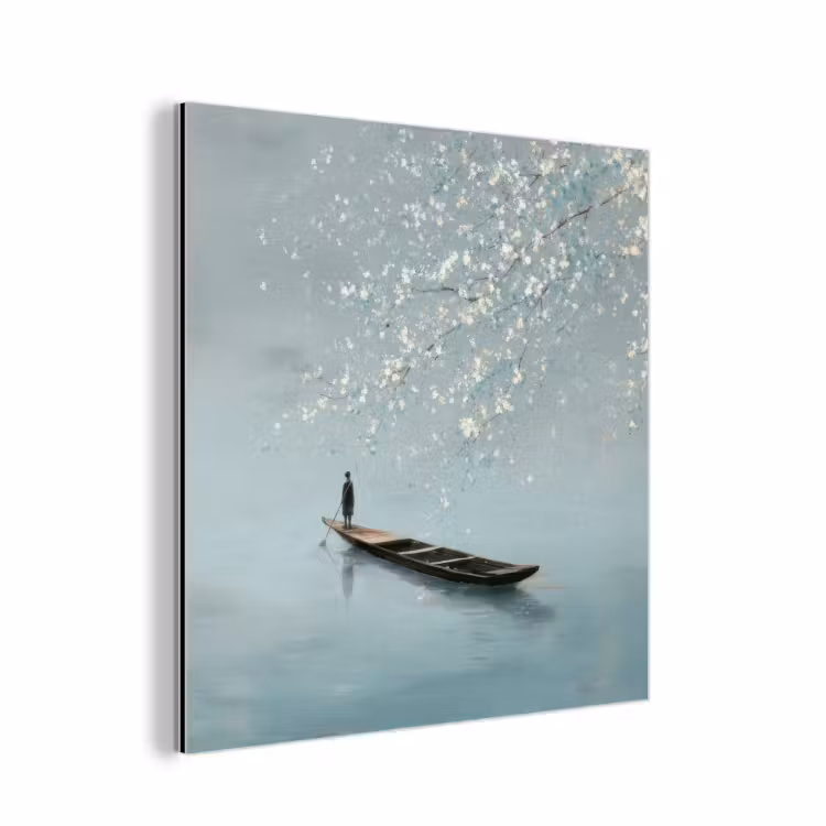 Aluminium schilderij - Bloesems - Minimalistisch - Wateroppervlak - Boot — 1