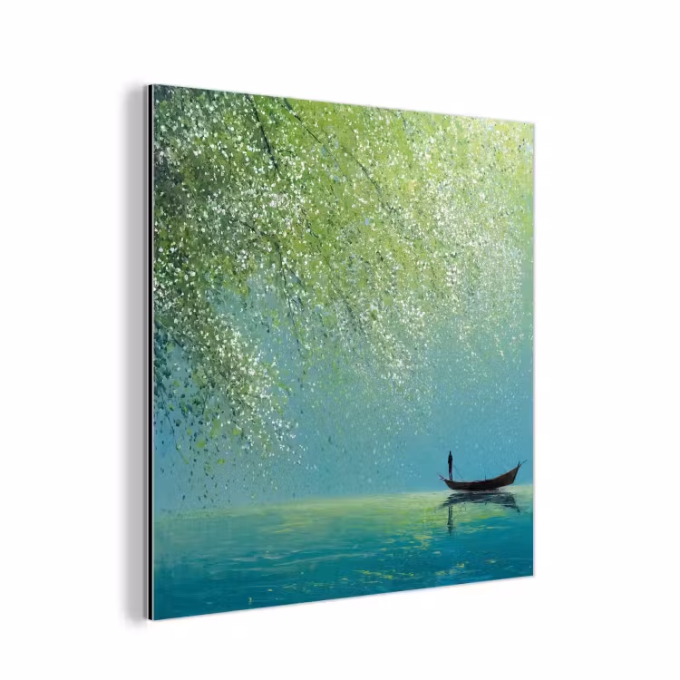 Aluminium schilderij - Bootje - Water - Bladeren - Bloesems — 1