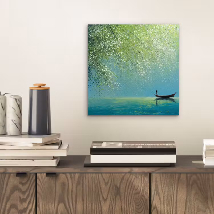 Aluminium schilderij - Bootje - Water - Bladeren - Bloesems — 2