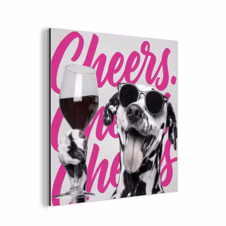 Aluminium schilderij - Cheers - Hond - Roze - Wijn — 1