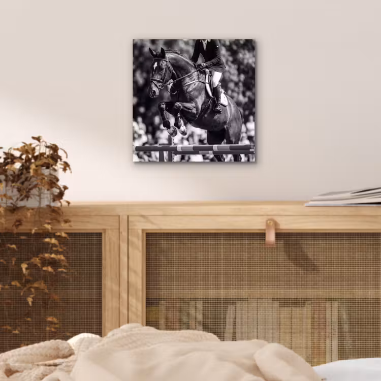 Aluminium schilderij - Springen - Paard - Zwart - Wit — 4