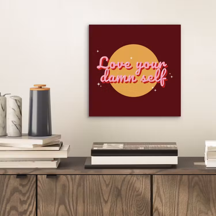 Aluminium schilderij - love your damn self - Cirkel - Glitter - Rood — 2