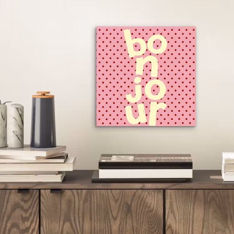 Aluminium schilderij - Bonjour - Stippen - Roze- Geel — 2
