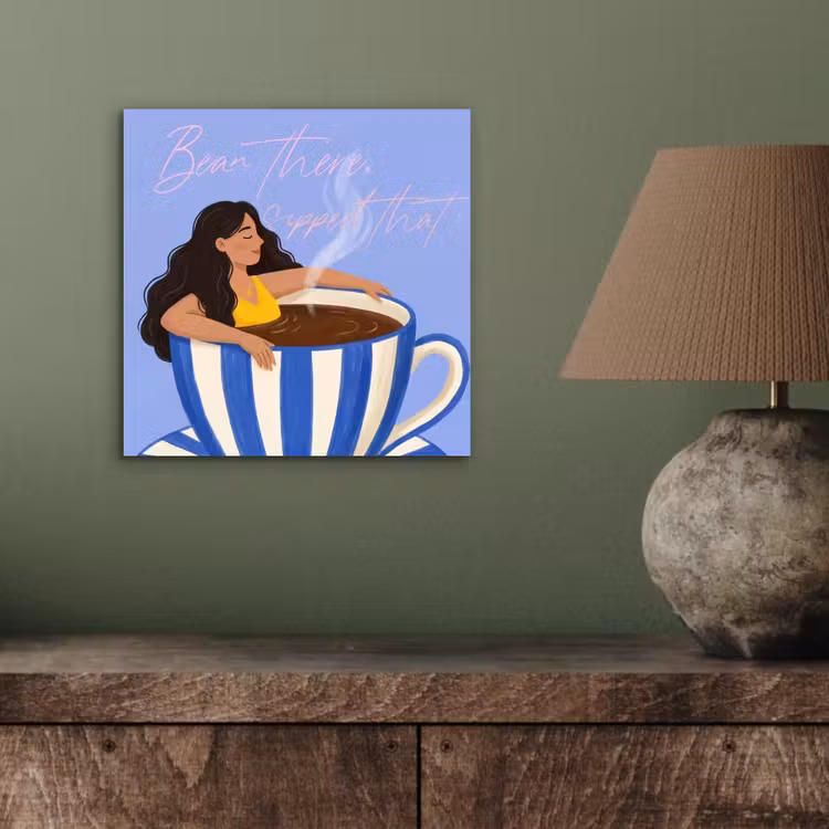 Aluminium schilderij - Mok - Koffie - Vrouw - Paars — 3