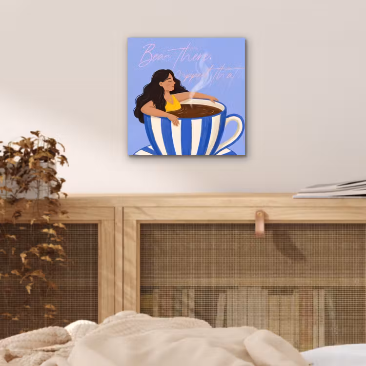 Aluminium schilderij - Mok - Koffie - Vrouw - Paars — 4
