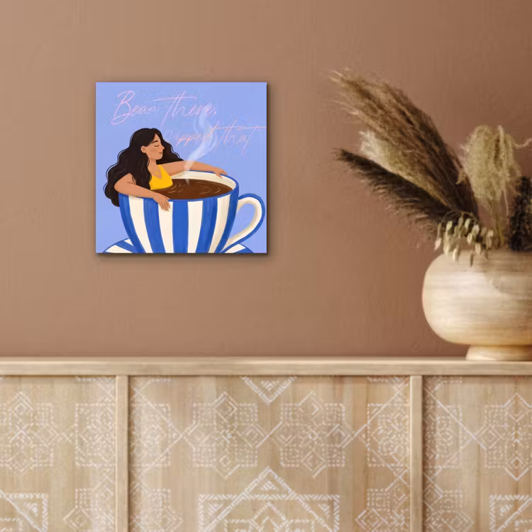 Aluminium schilderij - Mok - Koffie - Vrouw - Paars — 5