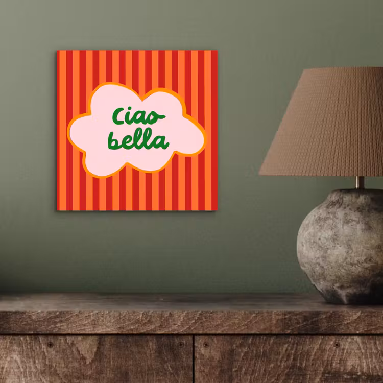 Aluminium schilderij - Ciao bella - Tekstwolk - Strepen - Oranje — 3