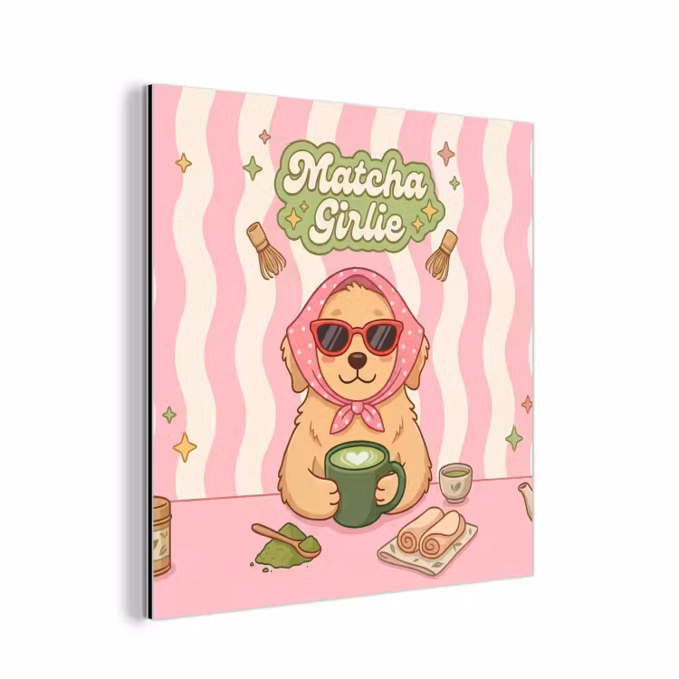 Aluminium schilderij - Matcha - Hond - Roze - Groen — 1