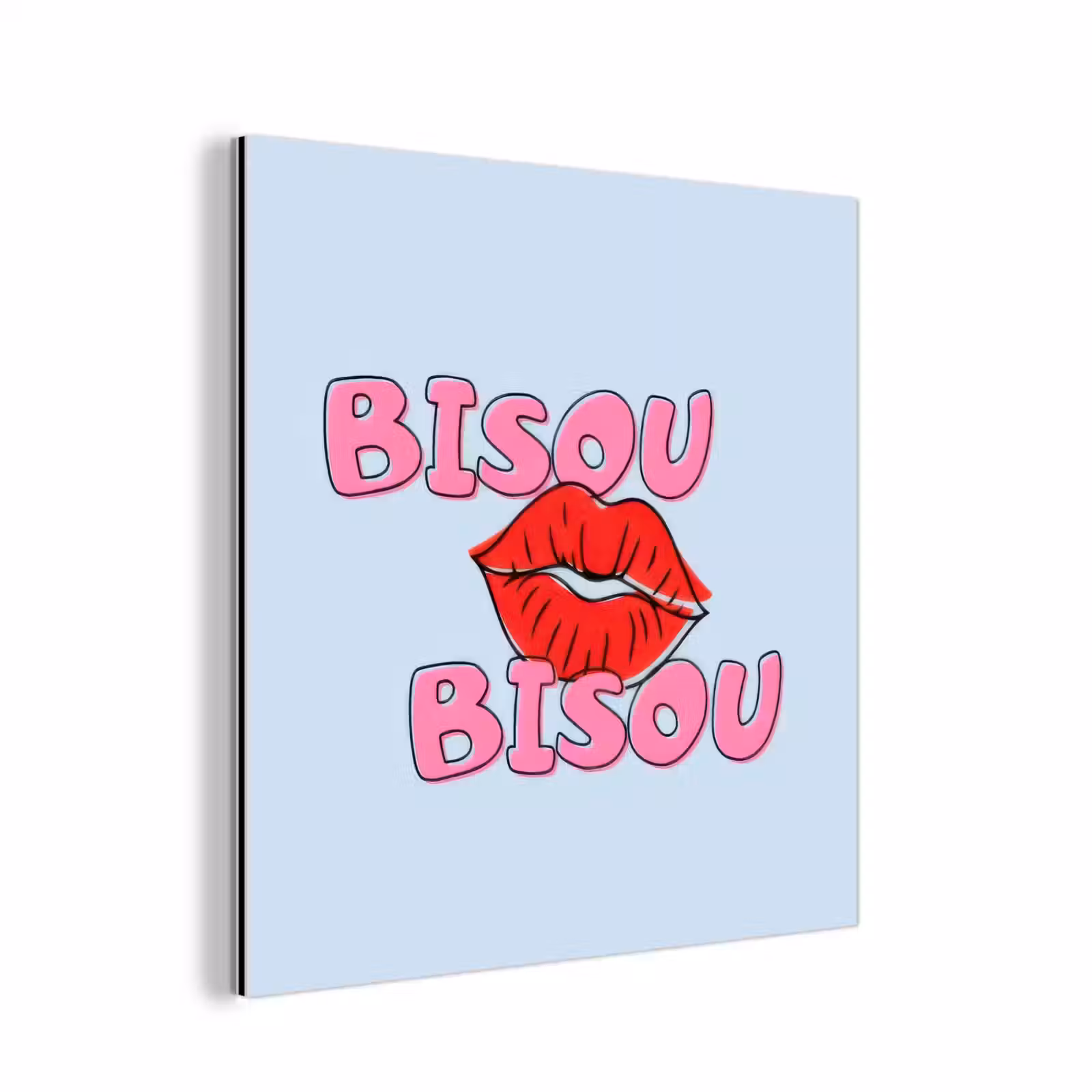 Aluminium schilderij - Bisou - Blauw - Roze - Lippen — 1